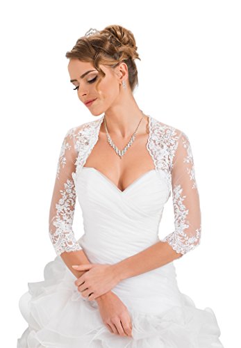 OssaFashion Damen Hochzeit Top Spitzen-Jacke für die Braut Spitzen Bolero Bolerojäckchen Jacke 3/4 Langer Ärmel