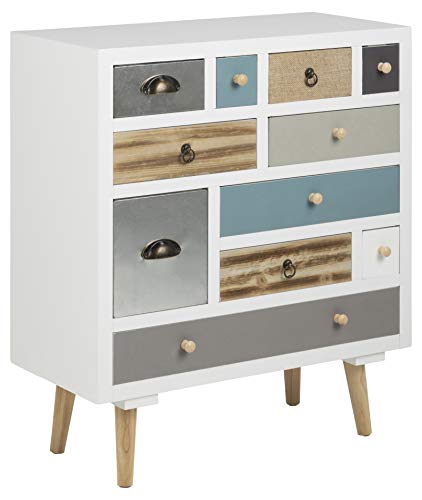 AC Design Furniture 63374 Kommode Suwen mehrfarbigen Schubladen, Beine Kiefernholz, klar lack, 11 Stück, weiß