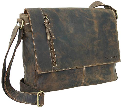 HAROLD'S Echt-Leder Messenger Bag große Schultertasche exclusive Umhängetasche auch crossover tragbar (Business Dunkel-Braun)