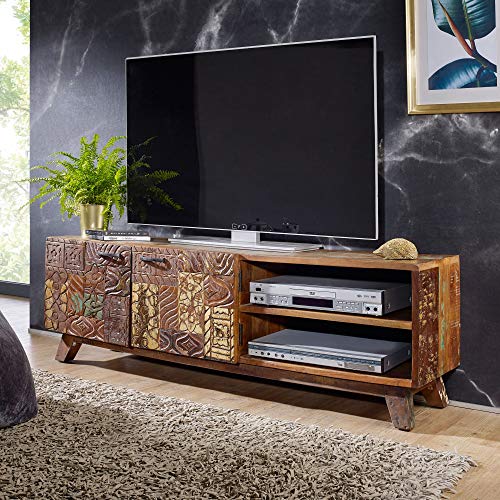 FineBuy Design HiFi Lowboard CARVA Massivholz Vintage TV Kommode 140 x 46 x 40cm | Fernsehschrank Unterschrank mit 2 Türen | Fernsehtisch Ablagefach | Fernsehkommode TV Möbel | TV-Board Wohnzimmer