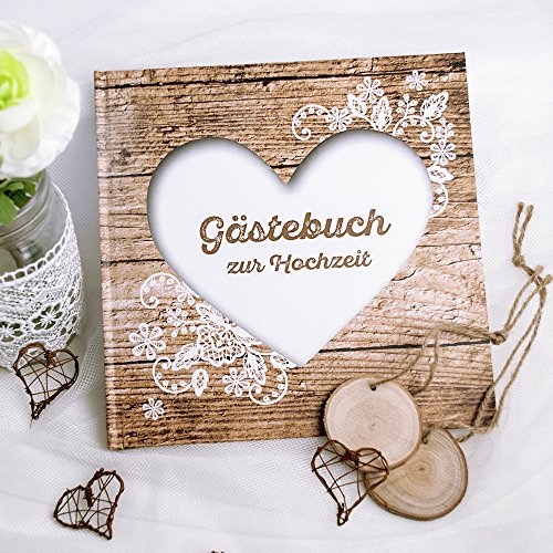 Gästebuch Hochzeit Herzenssache rustikal, Hochzeitsgästebuch Holz Optik, mit Herz und Spitze in Weiß, 144 weiße Seiten, 21,5 x 21,5 cm